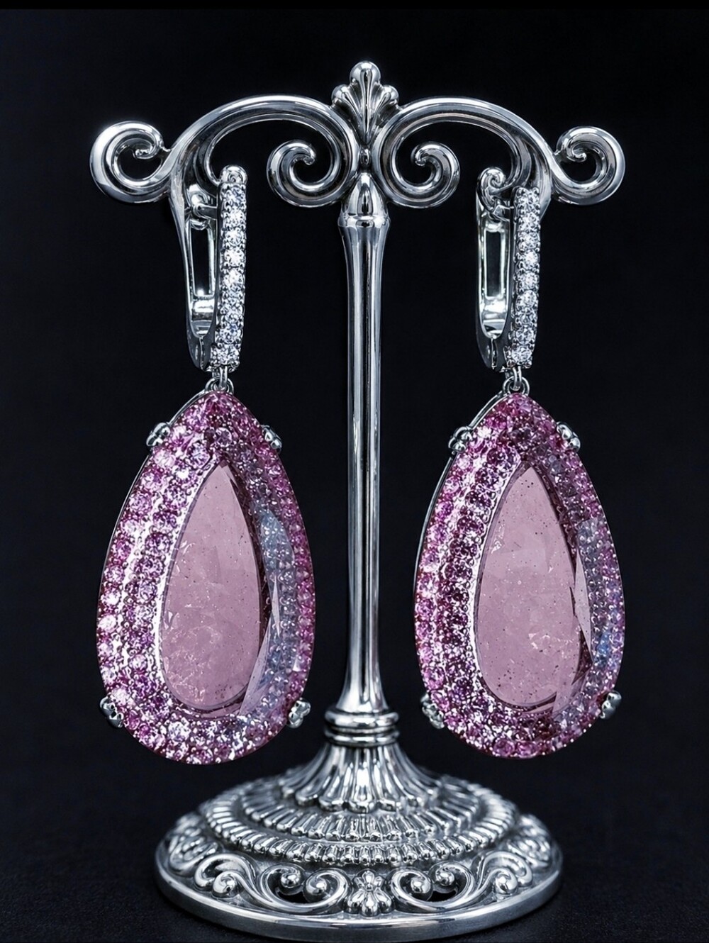Pink Faceted Glass or Acrylic Teardrop Silver Tone Pierced Earrings Lavender